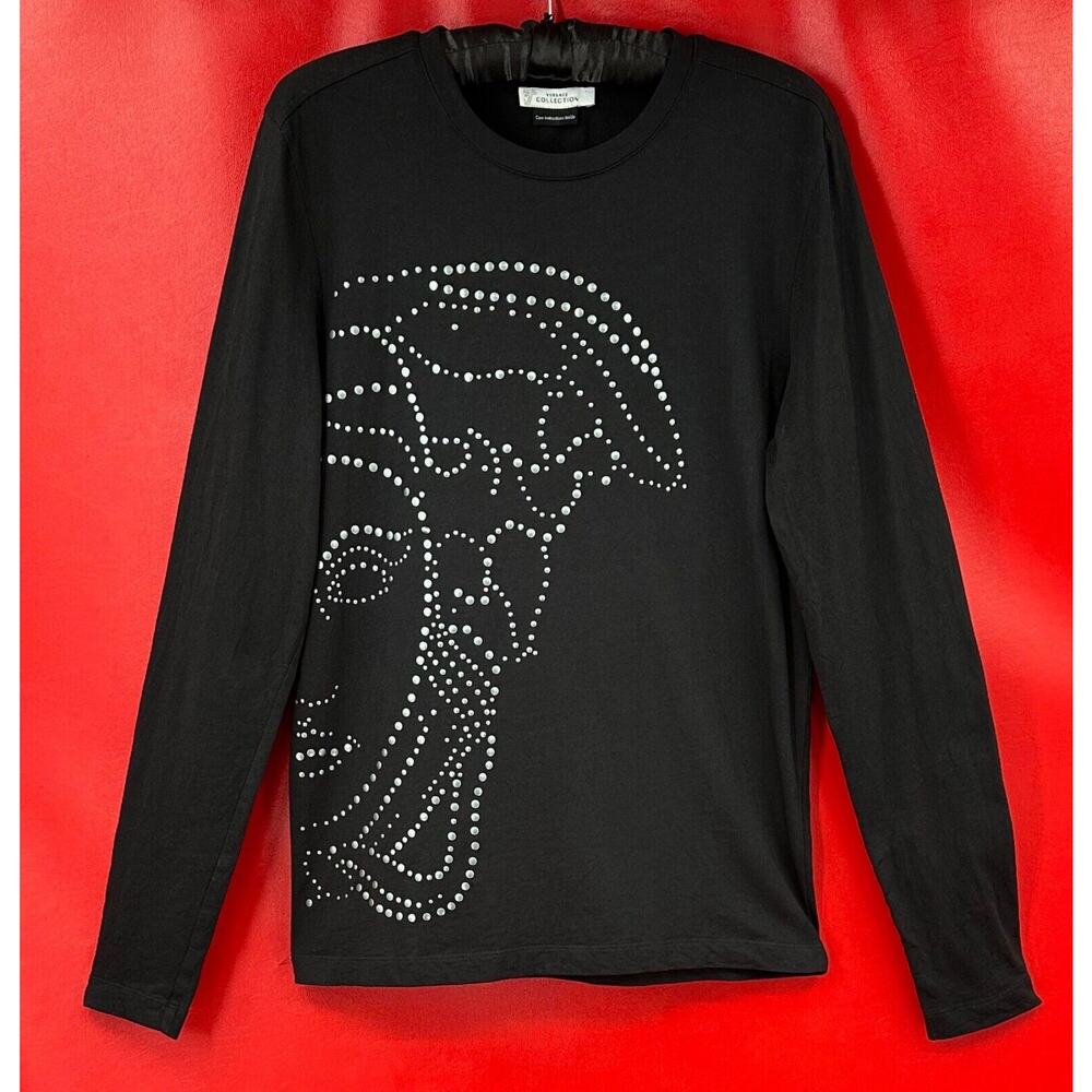 Versace Collection Chrome Dotted Half Medusa Cotton Black Shirt Made Greece Sz S